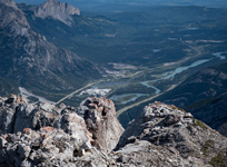 A view of Exshaw, Yamnuska and the Bow River from McGillivray's summit.